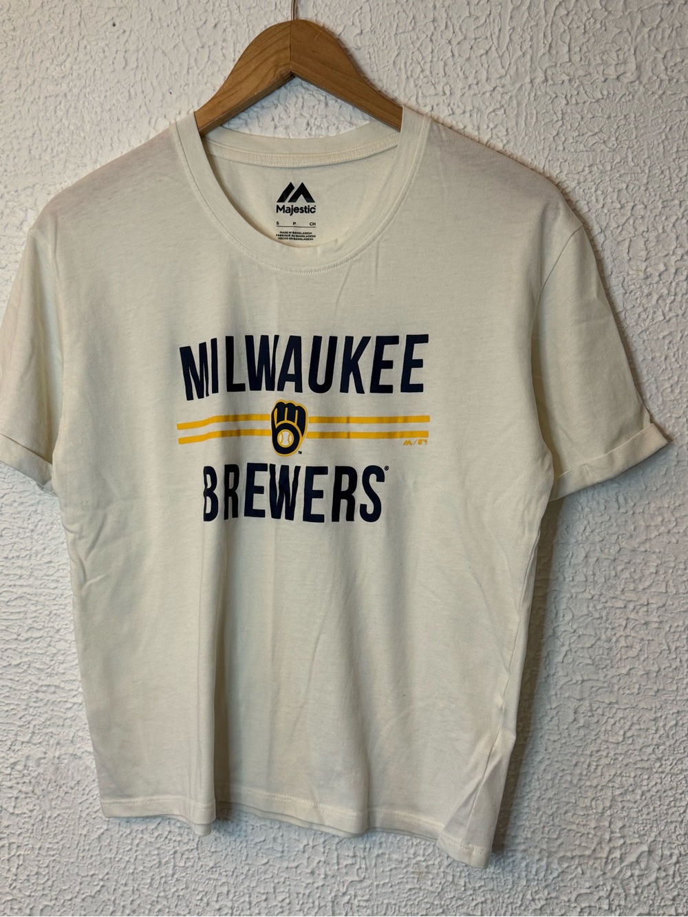 Majestic Cream Milwaukee Brewers Logo Tee with Navy and Yellow Accents